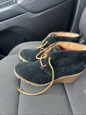 Sperry Black Suede Wedge Ankle Booties with Tan Laces